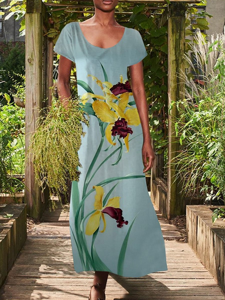Round Neck Loose Casual Floral Print Short Sleeve Maxi Dress