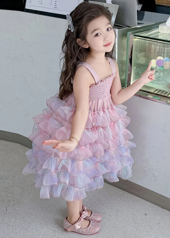 Cute Gradient Color Ruffled Tulle Girls Spaghetti Strap Dress Sleeveless