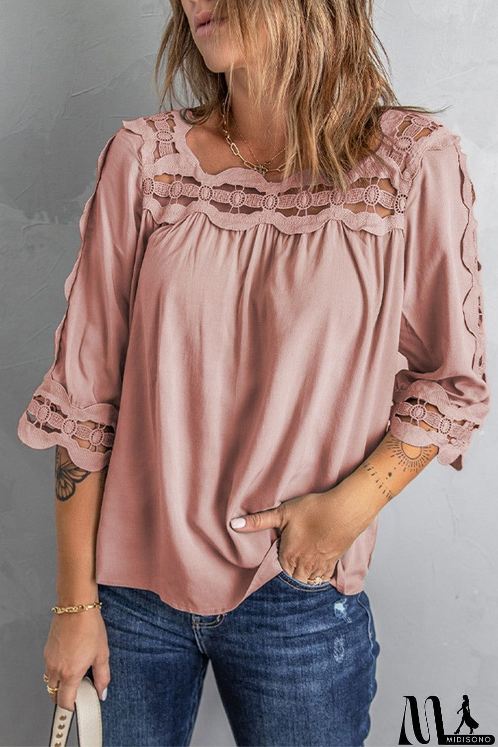 MidiSono - Pink Half Sleeve Crochet Trim Blouse