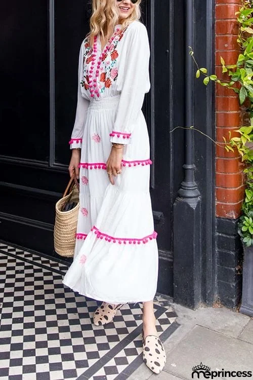 Embroidery Pom Pom Maxi Dress