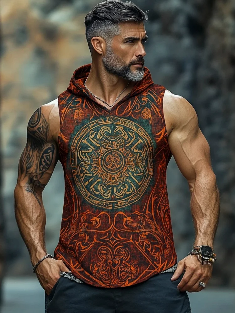 Viking Tribal Totem Men's Linen Hooded Tank Top