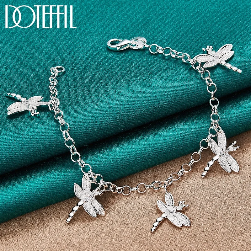 925 Sterling Silver Five Dragonfly AAA Zircon Pendant Bracelet Chain For Women Jewelry
