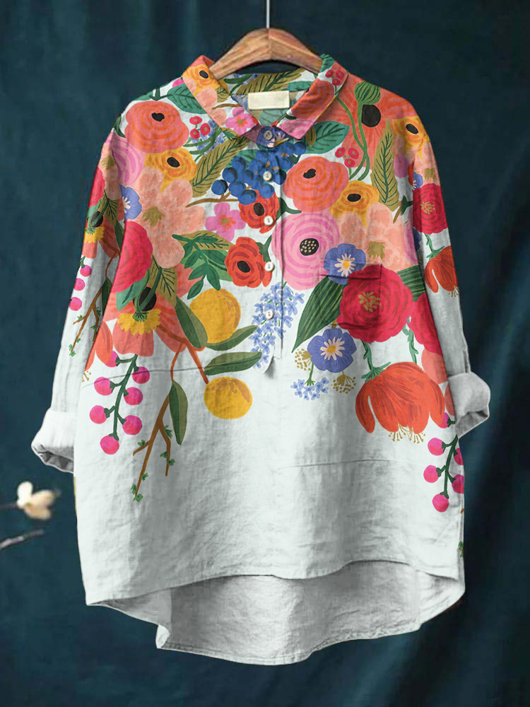 Comstylish Vintage Flowers Art Print Casual Cotton And Linen Shirt