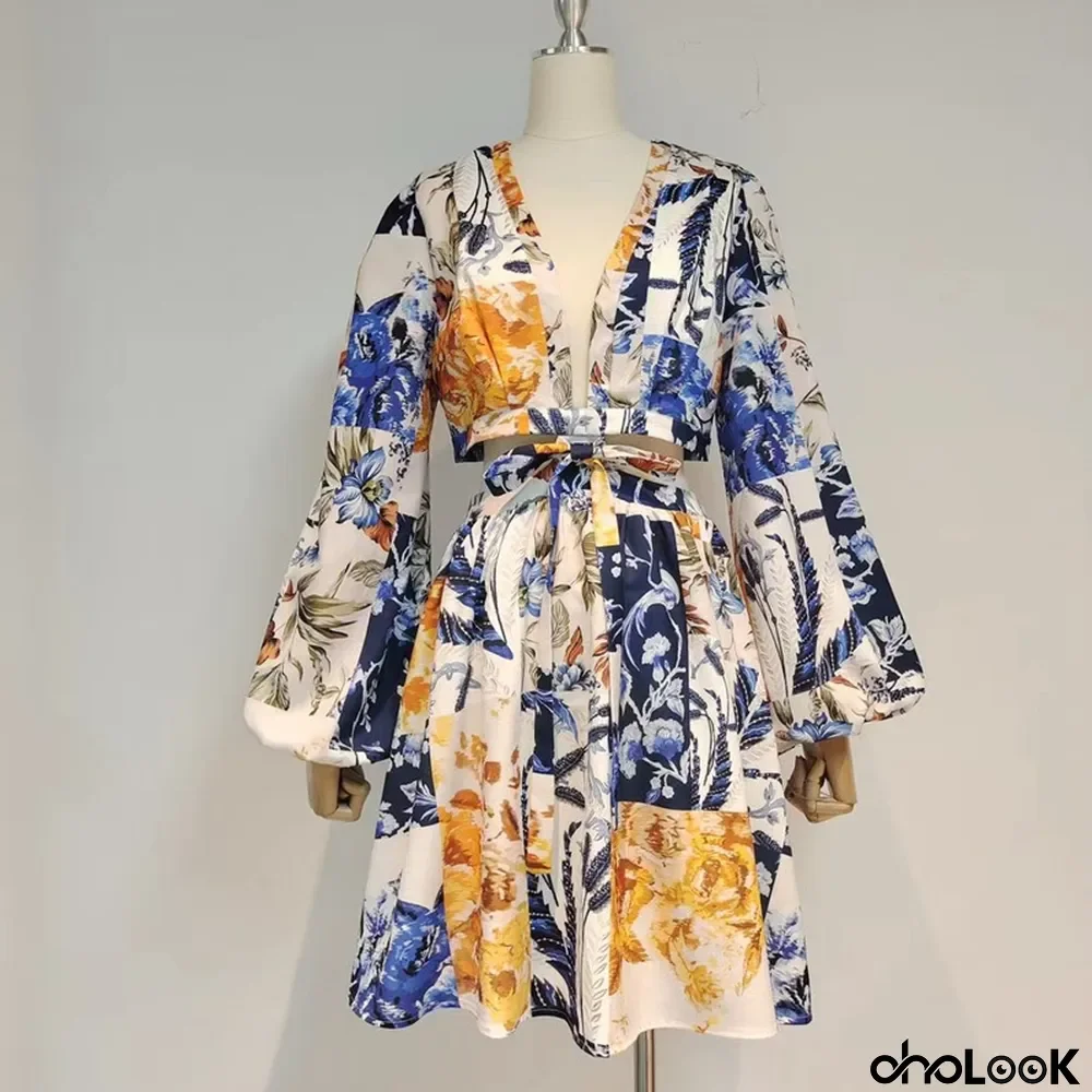 Australia Sexy Low Back Cross Skirt V Neck Back Style Lace-Up Open Waist Print Holidays Short Dress