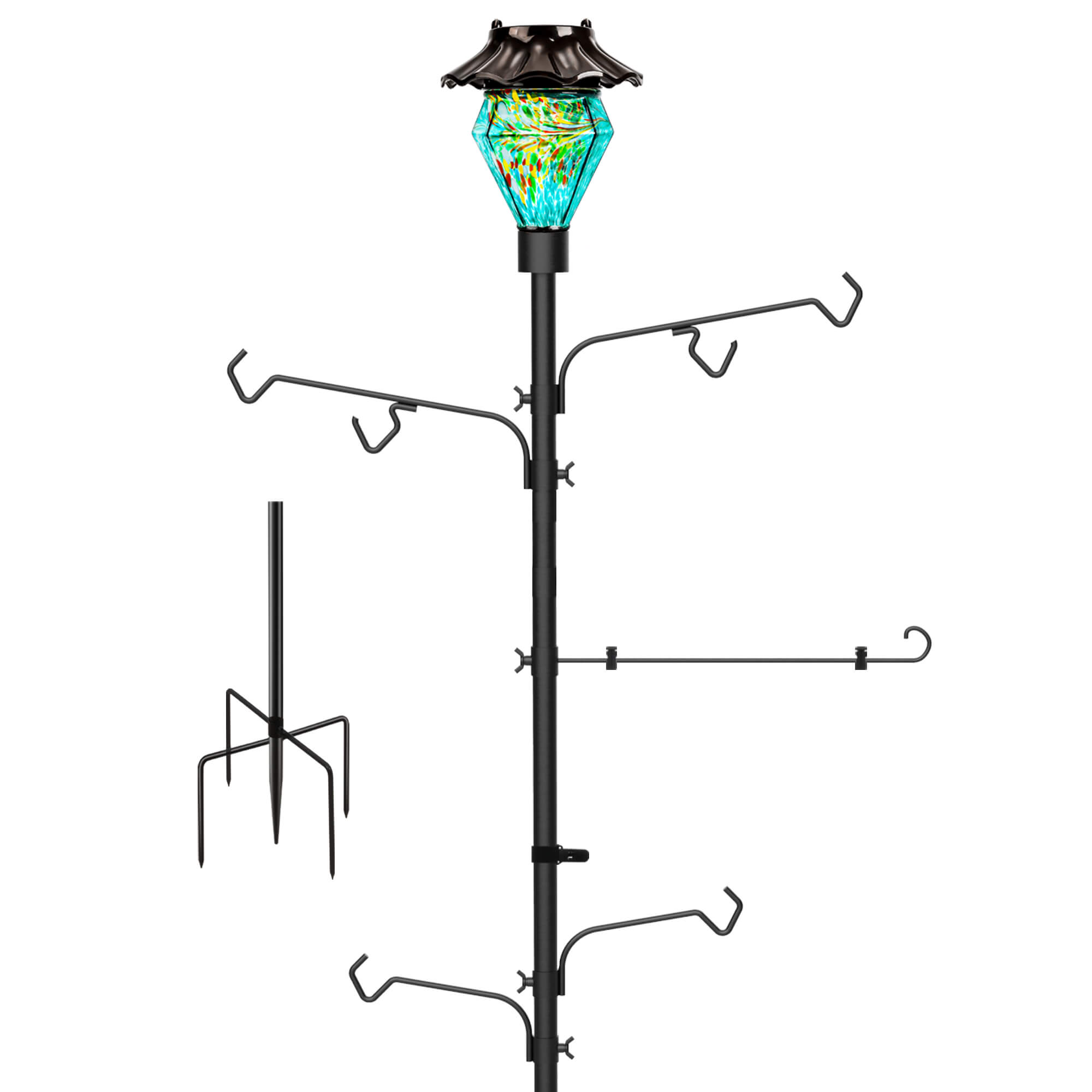 LUJII Solar Shepherds Hooks for Outdoors, Bird Feeder Stand with 4 Adjustable Hangers and 1 Flag Holder, Heavy Duty Pole for Hummingbird Feeders, Wind Chimes, Plant Baskets, Lanterns (Teal)