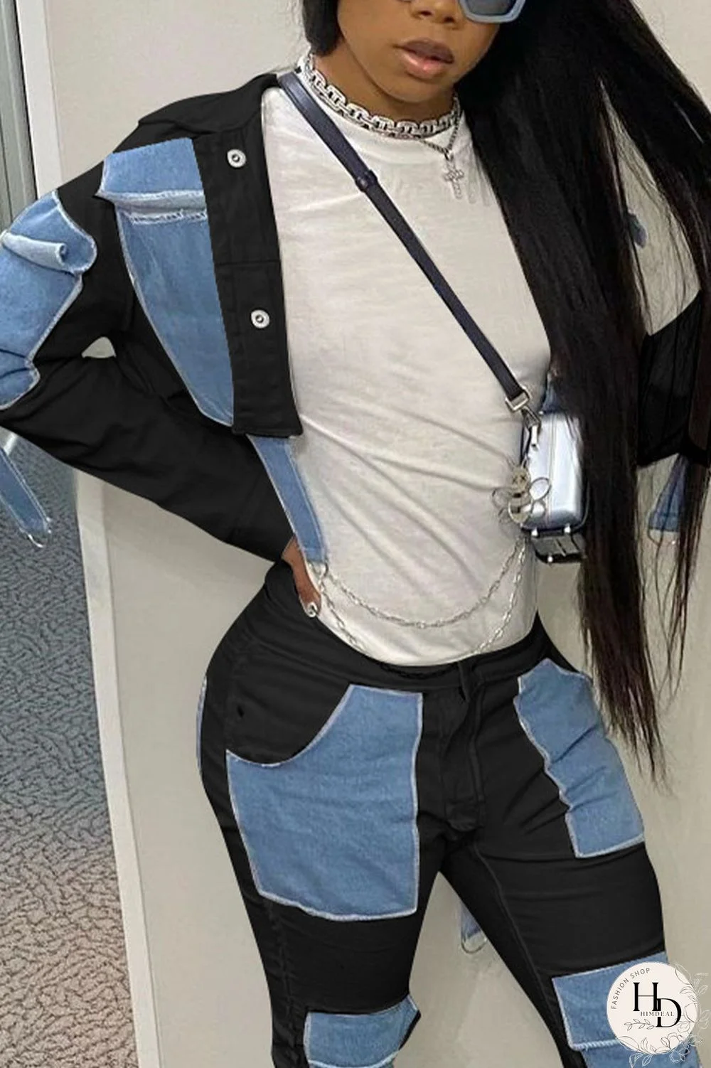 White Street Patchwork Turndown Collar Long Sleeve Loose Denim