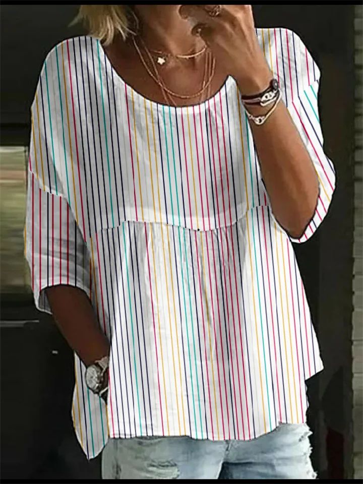 Summer Women's T-shirt Casual Printed Medium Sleeve Ruffled Round Collar Striped Tops