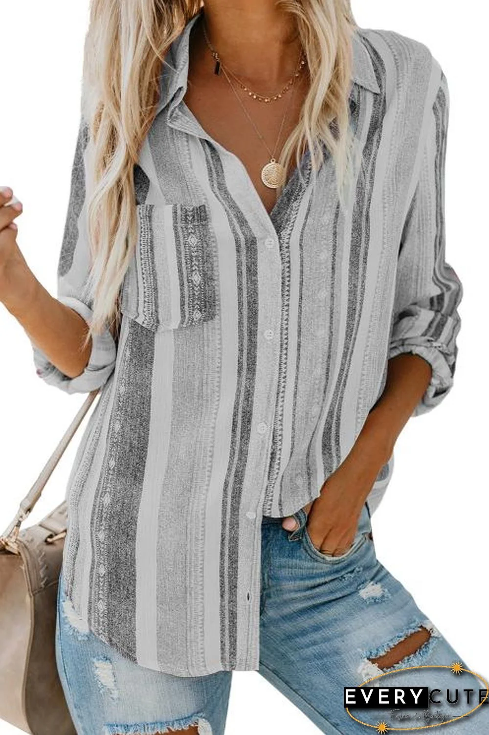 Gray Sweet Enough Striped Button Down Top