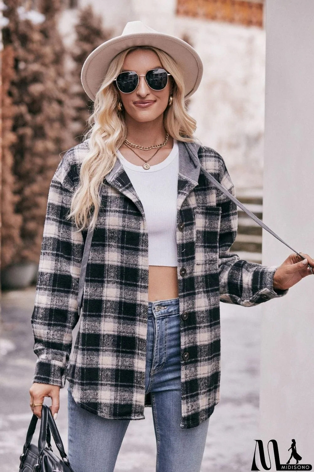 MidiSono - Plaid Dropped Shoulder Hooded Longline Jacket