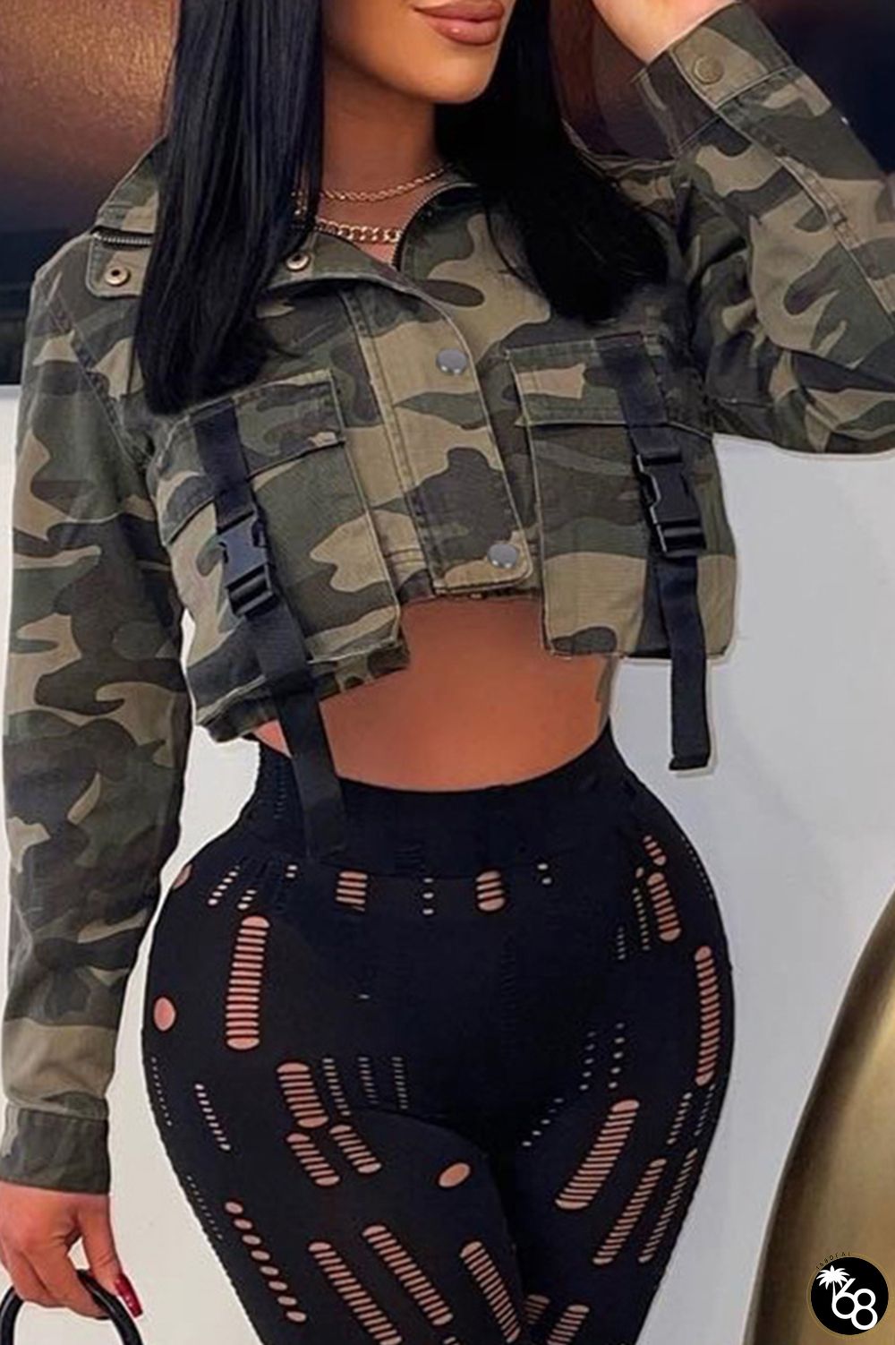 Street Camouflage Print Patchwork Pocket Buckle Zipper Half A Turtleneck Outerwear | 168DEAL