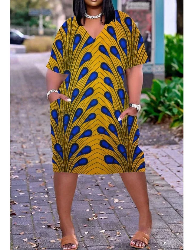 3D printed loose plus size v-neck mid-sleeve dress