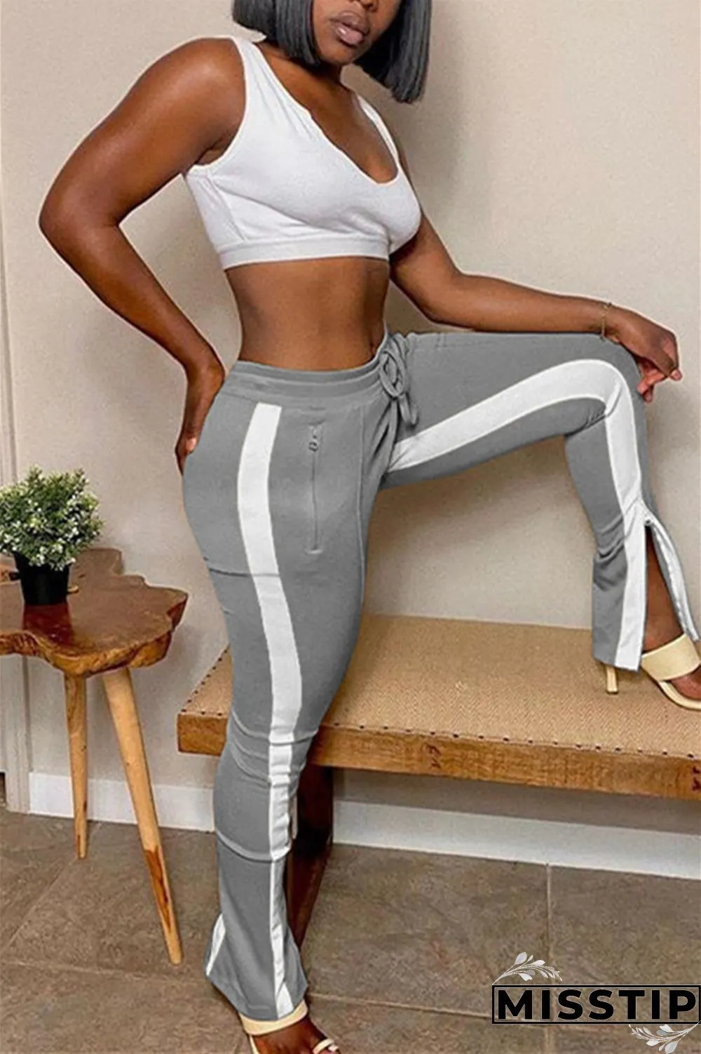 Dark Gray Fashion Casual Regular Patchwork Bottoms