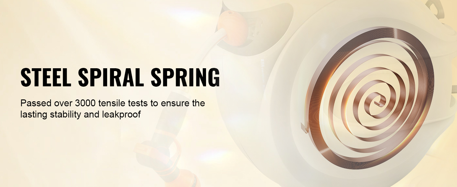 steel spiral spring in VEVOR retractable hose reel ensures stability and leakproof with 3000+ tensile tests.