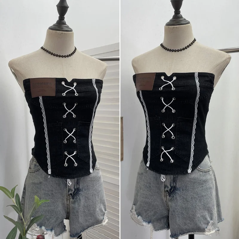 Nigikala Nigikala Sexy Water Wash Denim Pocket Spliced Lace Bra Design Without Strap Vest 2753