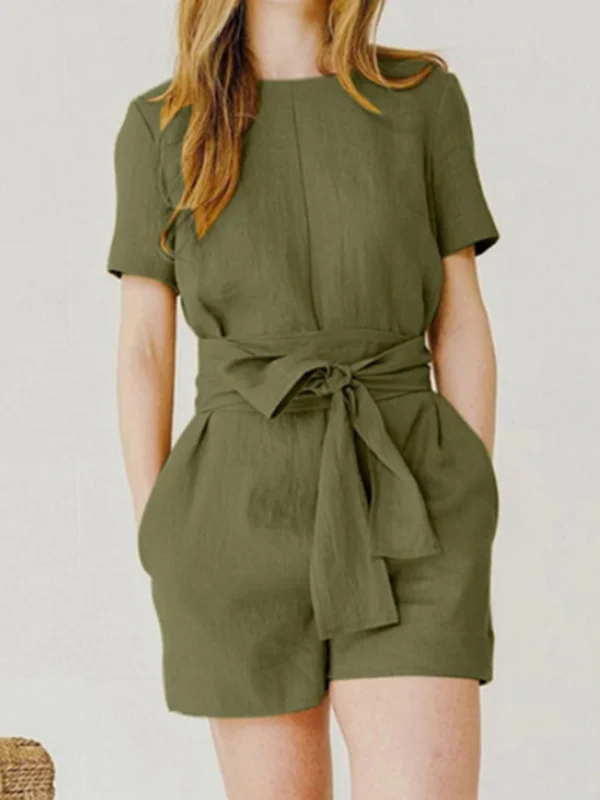 Solid Color Split-Joint Tied Waist Loose Plus Size Round-Neck Rompers