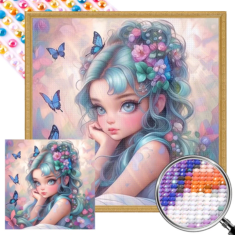 Partial AB Drill - Full Round Diamond Painting - Butterfly And Flower Girl 40*40CM