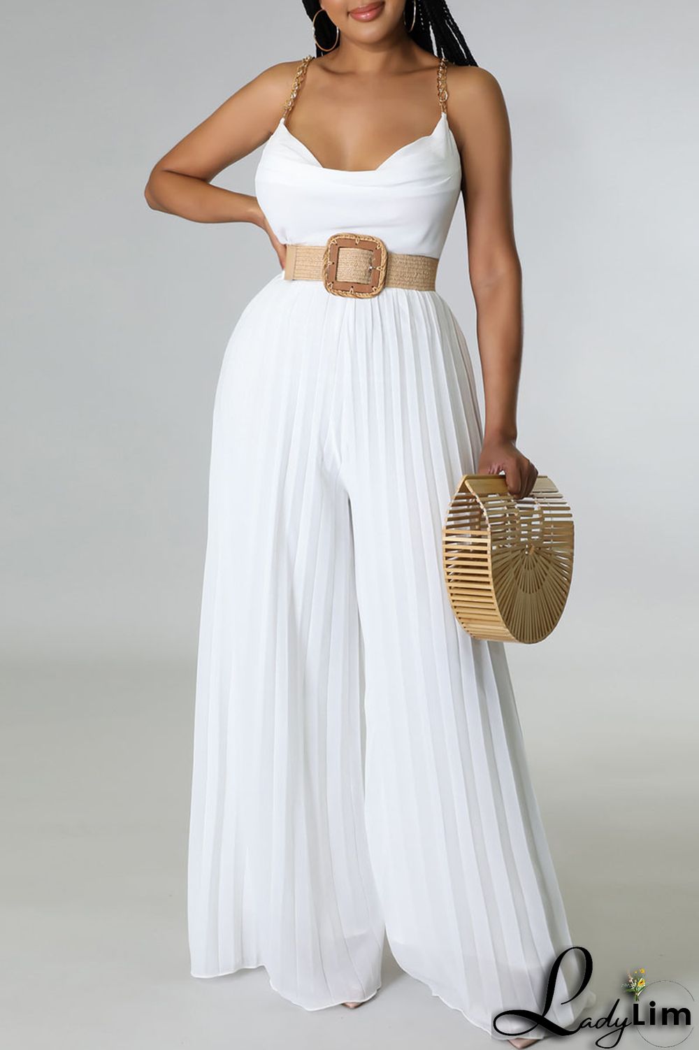 White Elegant Solid Patchwork Backless Fold Straight Jumpsuits