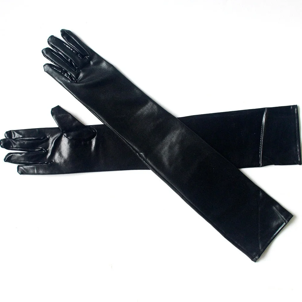 Long Metallic Satin Leather Finger Elastic Gloves Dance Flirting Sexy Lingerie Clubwear Cosplay Costumes For Women Accessories
