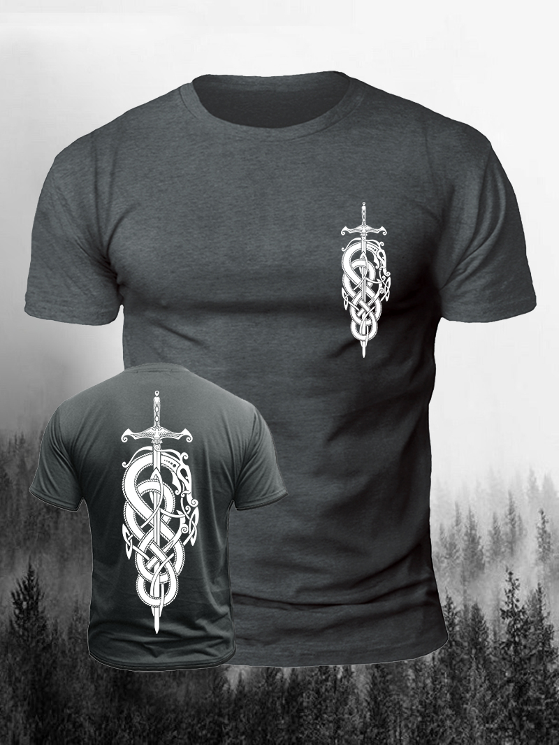 Men's Viking Snake Winding Sword Print Casual Short Sleeve T-shirt