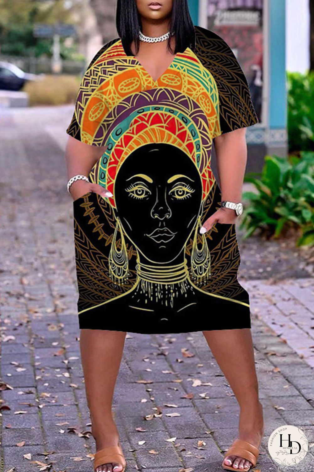 Black Gray Fashion Casual Print Basic V Neck Short Sleeve Dress