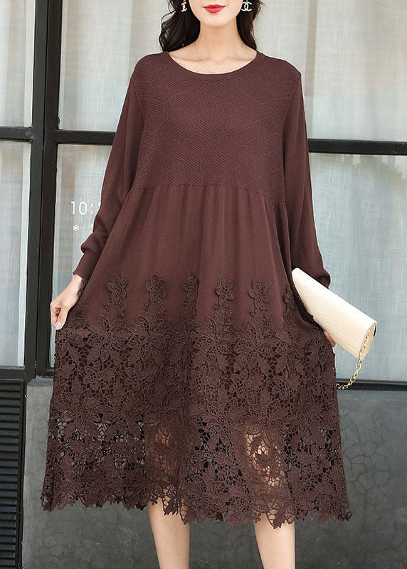 VCSHOES Chocolate Embroideried Patchwork Knit Long Dresses Spring