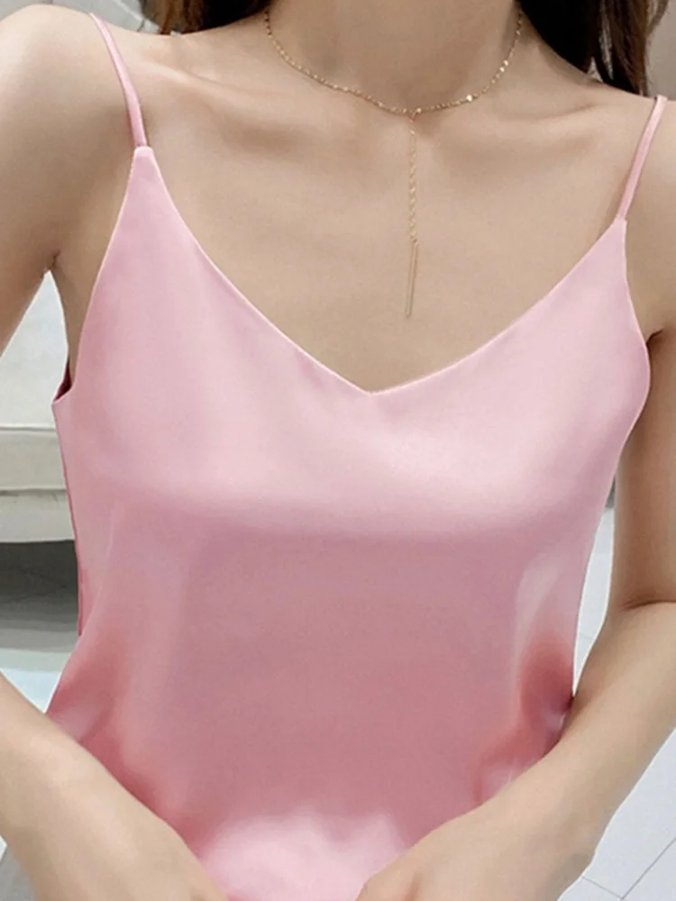 Athvotar V-Neck Sexy Solid Satin Woman Camis Tank Tops Chiffon Sleeveless Camisole Top Halter Camis Tops