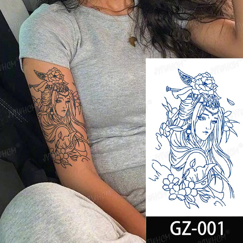 Gingf Lasting Ink Tattoo Body Art Waterproof Temporary Flower Tattoo Stickers Dragon Tiger Tattoo Arm Flame Fake Tatoo Women Men