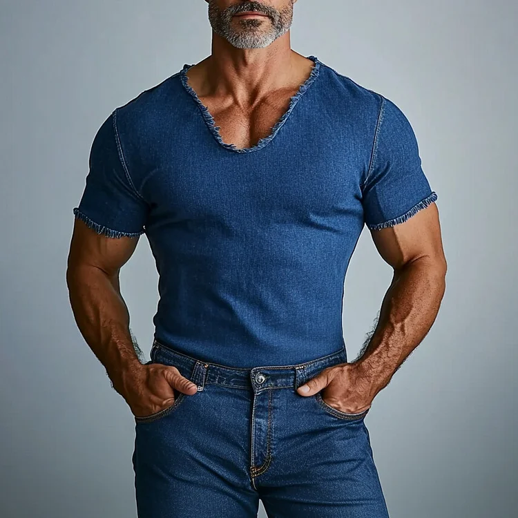 Men's V Neck Short Sleeve Raw Edge Denim Casual T-Shirt