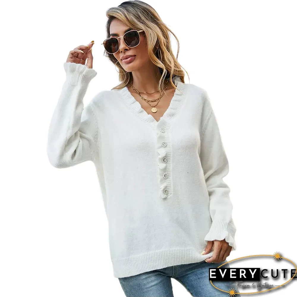 White Frilled V Neck Button Knitted Sweater