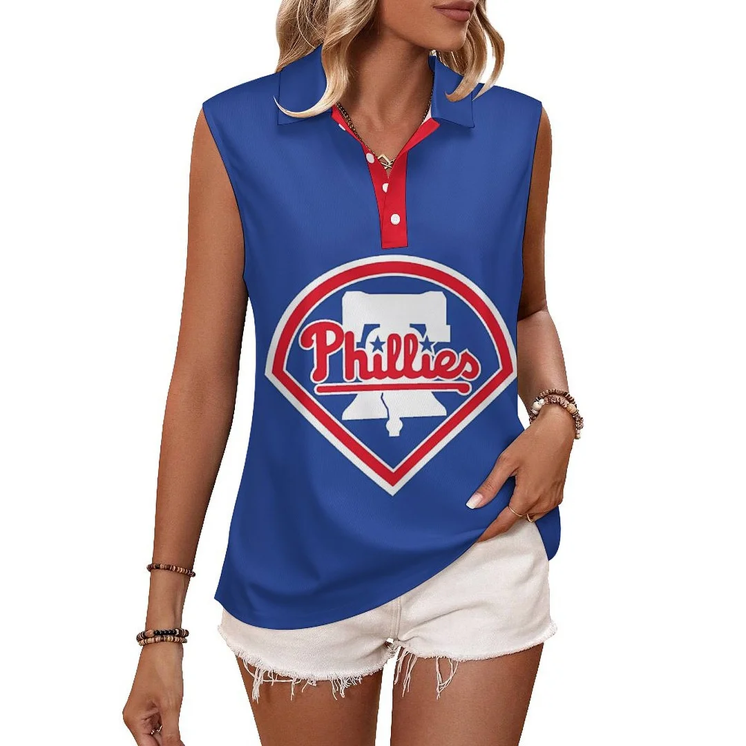 V-neck Sleeveless Casual POLO Shirt Tank Top for Women Printed with Pattern Philadelphia Phillies, Blue, Red