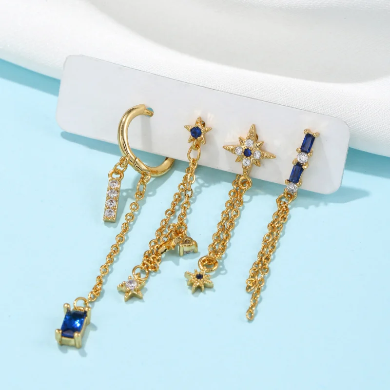 Blue Zircon Stud Earring 4PCS Sets