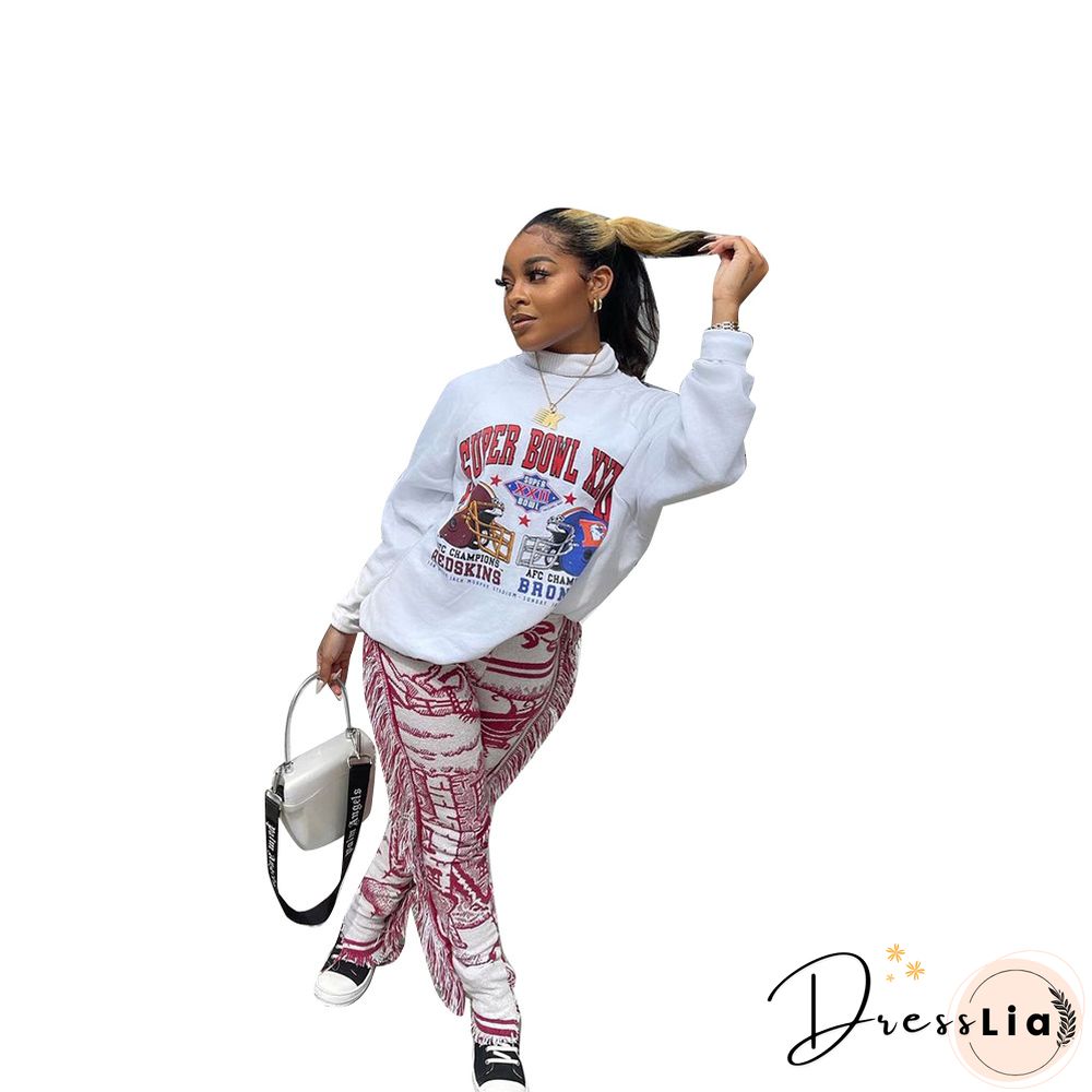 Side Tassels Patchwork Elastic Waist Women Print Jogger Pant