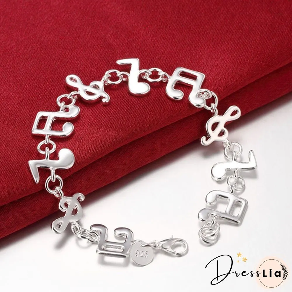 New Women 925 Sterling Silver Plated Charm Cute Music Note Chain Bracelet Bangle