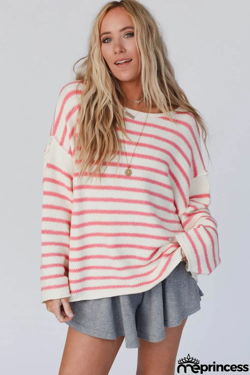Pink Striped Drop Shoulder Oversized Sweater
