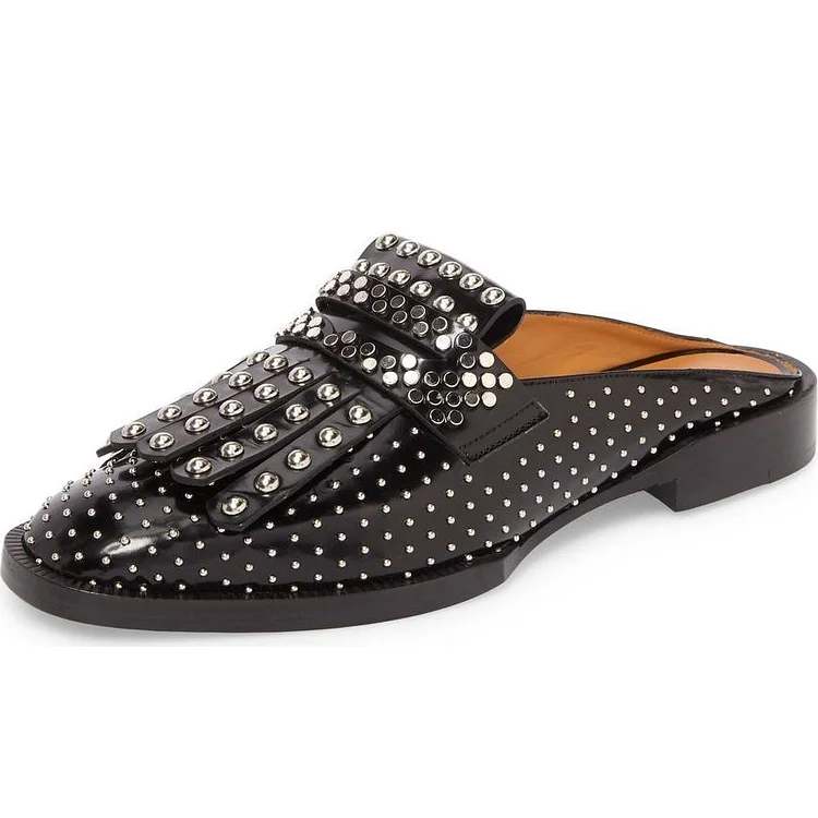 Black Round Toe Studded Fringe Flat Mule Loafers for Women |FSJ Shoes