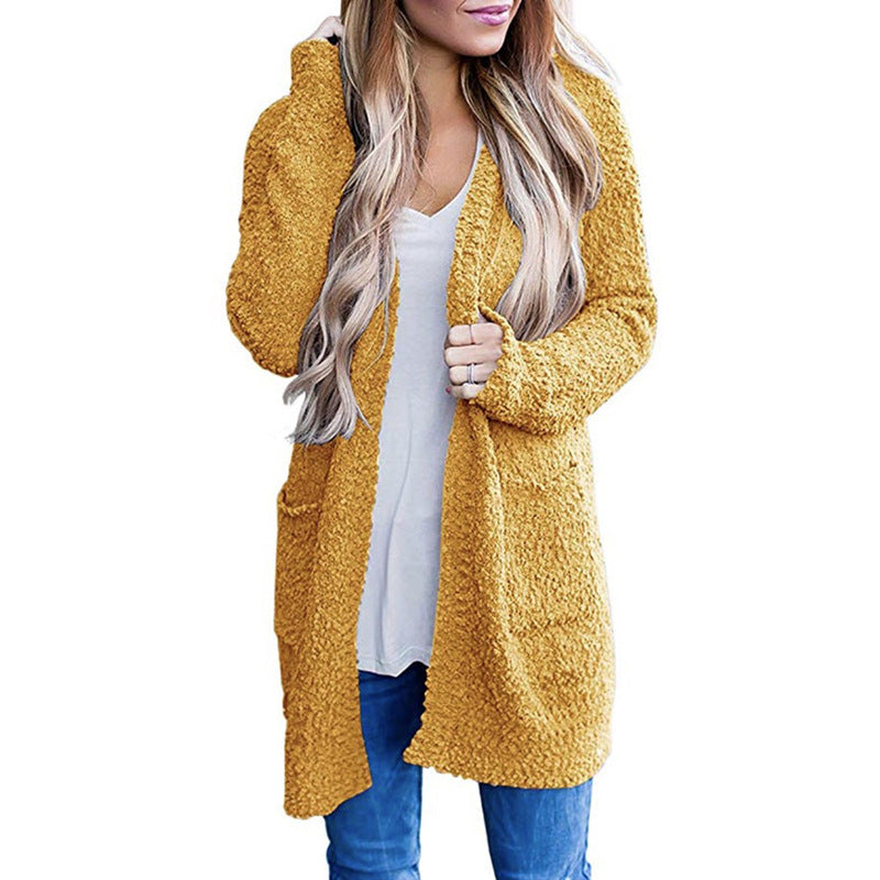Aiertu long sweater dress outfit Autumn and Winter Knitwear Solid Color Fleece Double Pocket Cardigan Sweater aiertu