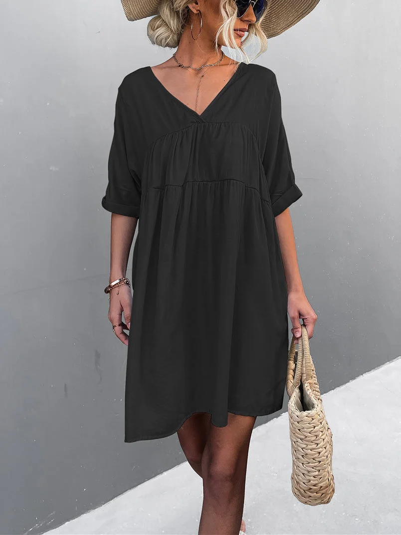 Women  Short Sleeve V-neck Mini Dress With Pockets