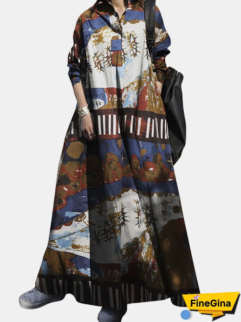 Vintage Floral Printed Big Swing Long Sleeve Pure Cotton Dress