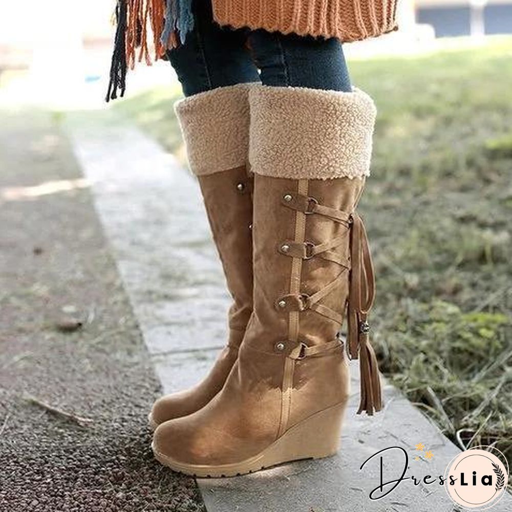 Womens Fashion Lace Round Toe Scrub High Heel Snow Boots