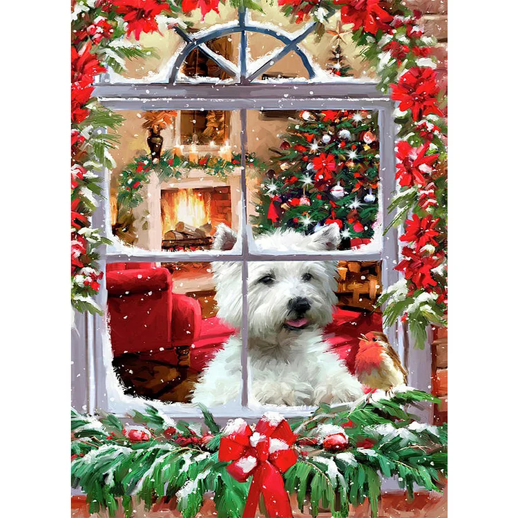West Highland White Terrier Dog In Christmas Cottage - Printed Cross Stitch 11CT 40*55CM