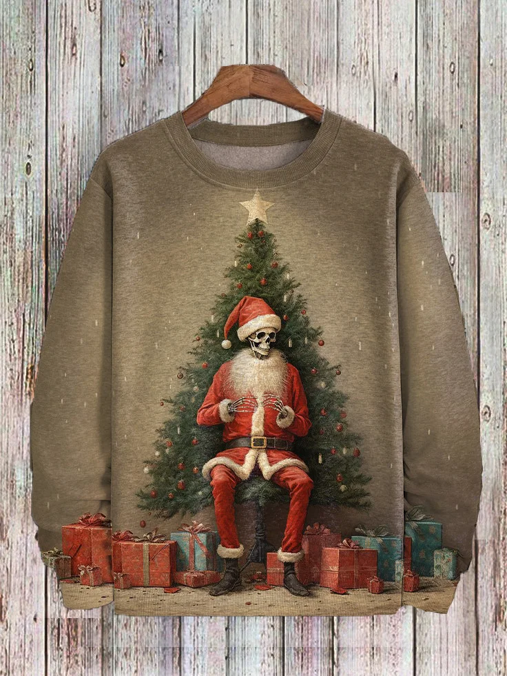 Men's Christmas Skeleton Santa Illustration Print Casual Sweatshirt
