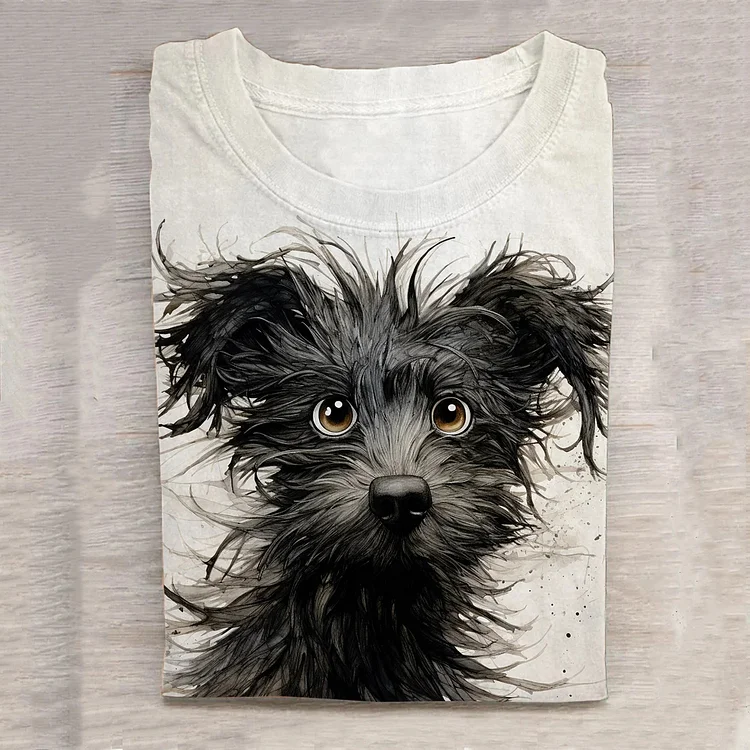 Lustiges T-Shirt mit Hunde-Kunstdruck in Tinte und Aquarell