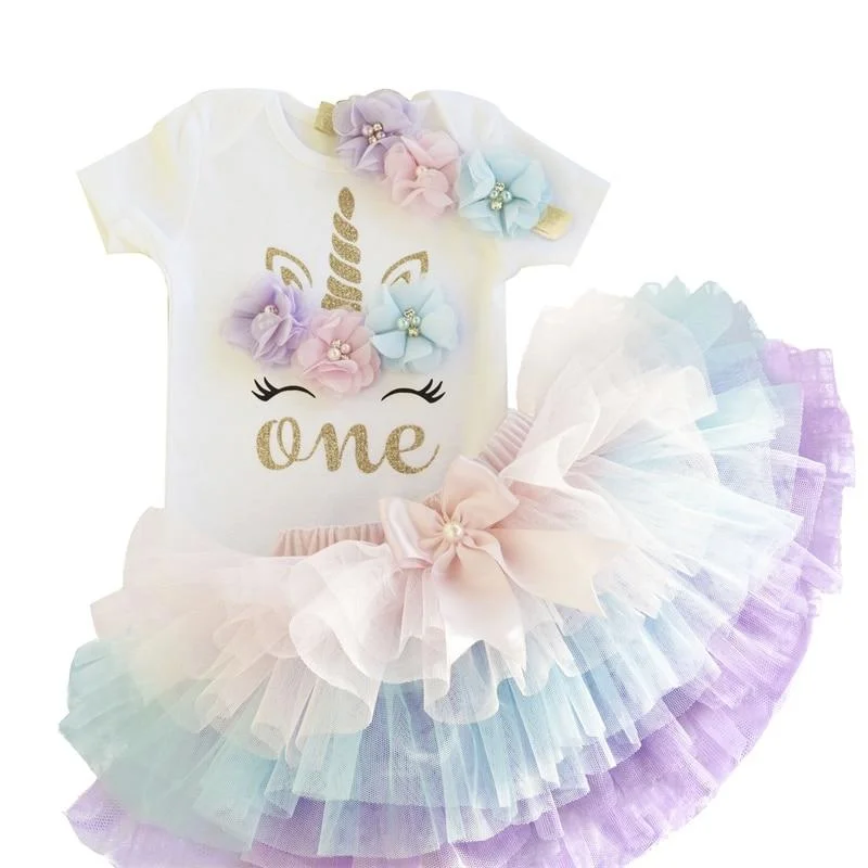 Flower Headband Short Sleeve Top and Tutu Dress Outfits 3pcs for 1 Year Baby Girls First Birthday Party Cotume Newborn Clothes