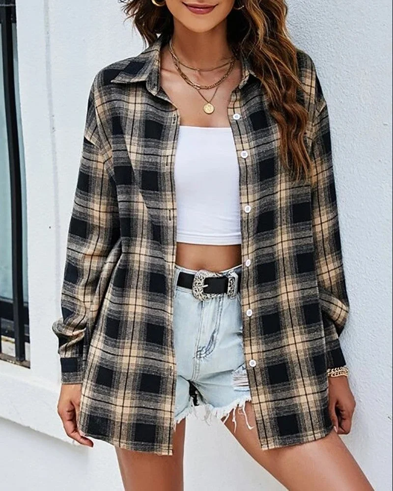 Button Front Plaid Print Long Sleeve Shacket