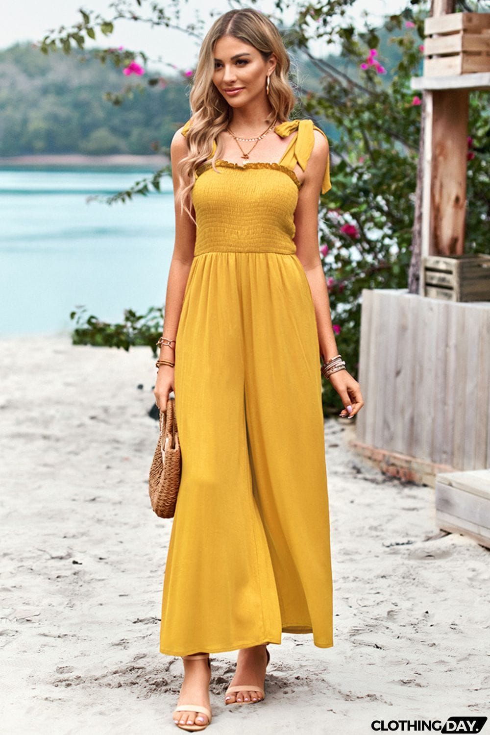 Frill Trim Tie Shoulder Wide Leg Jumpsuit with Pockets