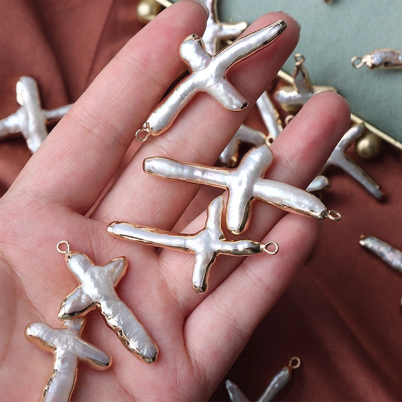 1 Piece 40mm Freshwater Pearl Copper Gold Plated Cross Jewelry Accessories Pendant