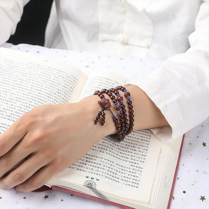 Tibetan Small Leaf Red Sandalwood Mala Lotus Blessing Necklace Bracelet
