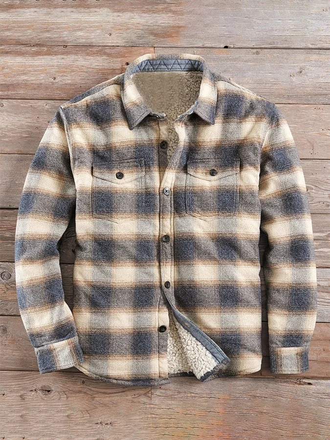 Men's Retro Western Plaid Design Plush Shirt Jacket