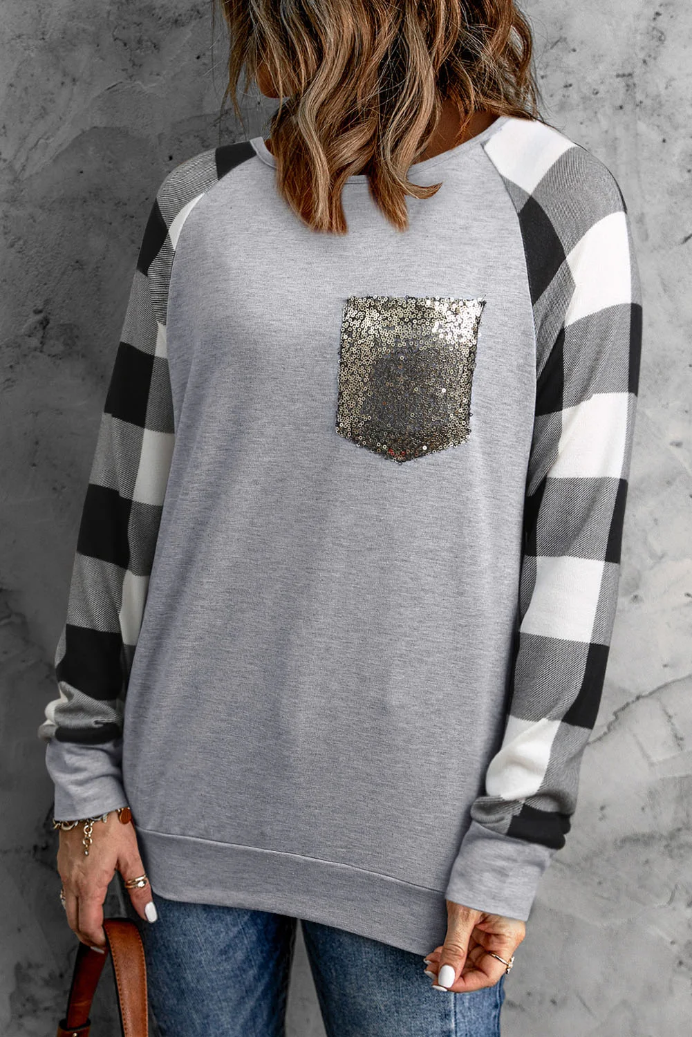 Gray Plaid Splicing Sequined Pocket Long Sleeve Top | IFYHOME