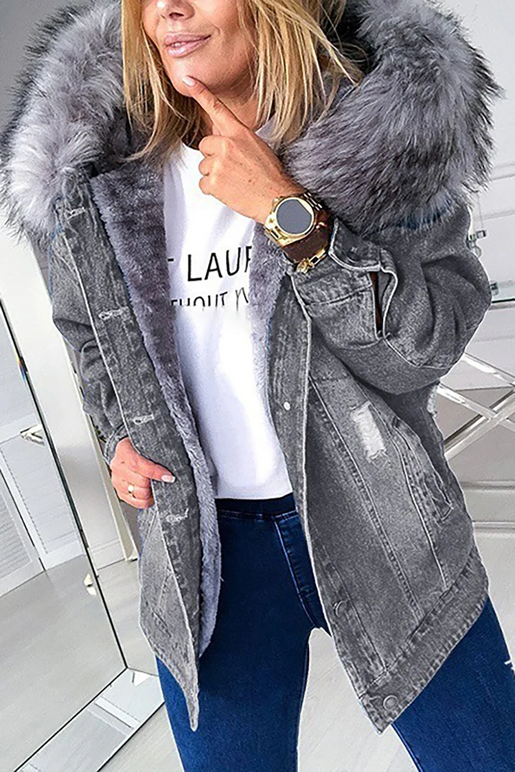 Plus Size Outerwear Grey Fall Winter Thickened Cotton Plush Collar Denim Outerwear
